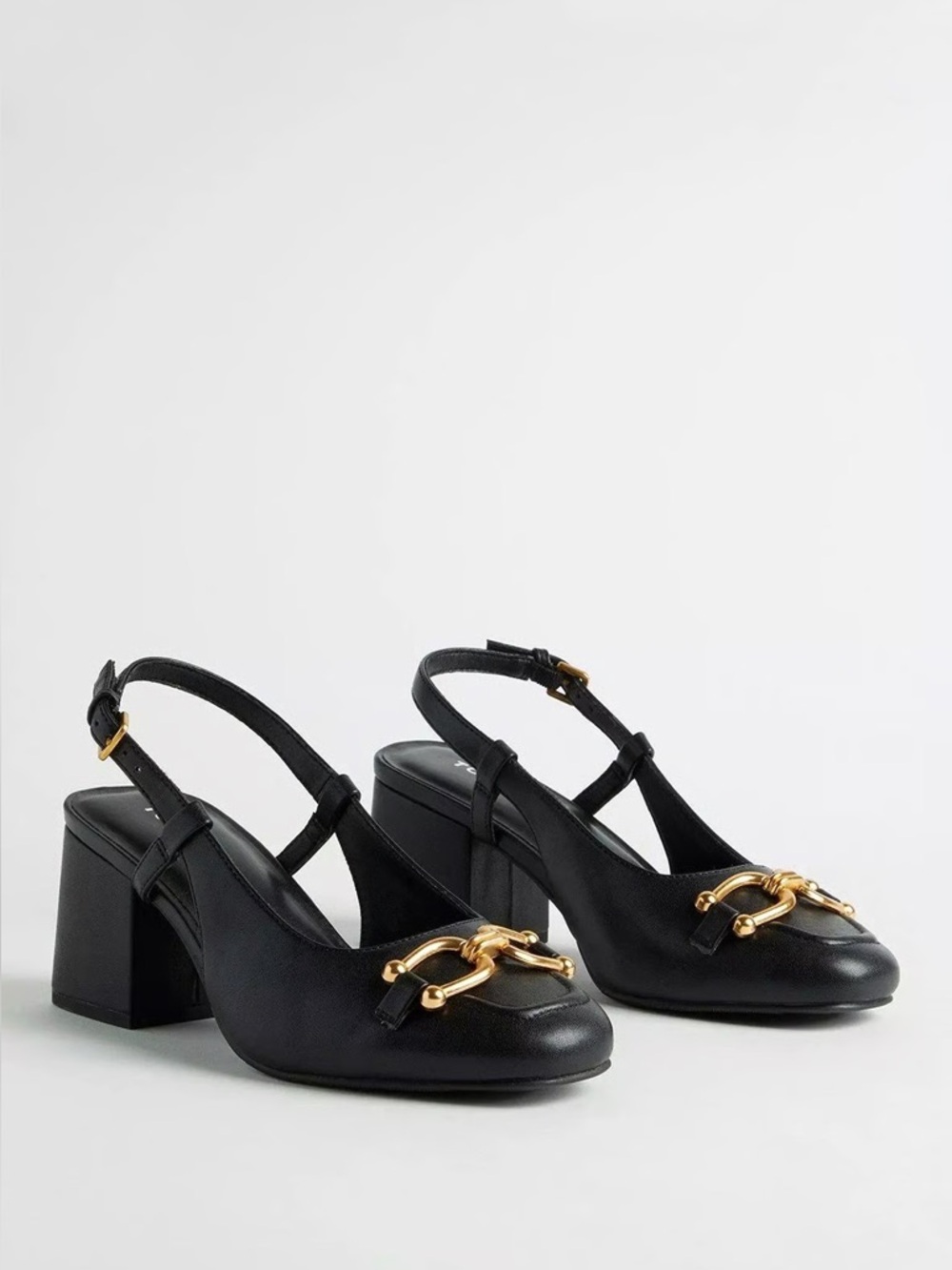 Black Slingback Block Heels with Gold Chain Detail